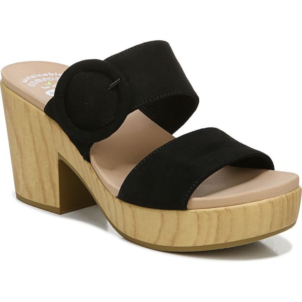 NEW WOMEN'S DR. SCHOLL'S BAYSIDE BLACK WOOD HEELED PLATFORM SANDALS SZ‎ 9.5
